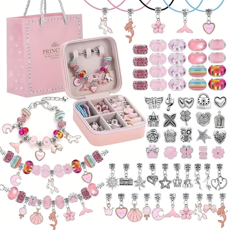 Beauenty 68PCs Charm Bracelet Making Kit for Girls with Jewelry Box - DIY Craft Set for Ages 3-12 (Pink) - Image 1
